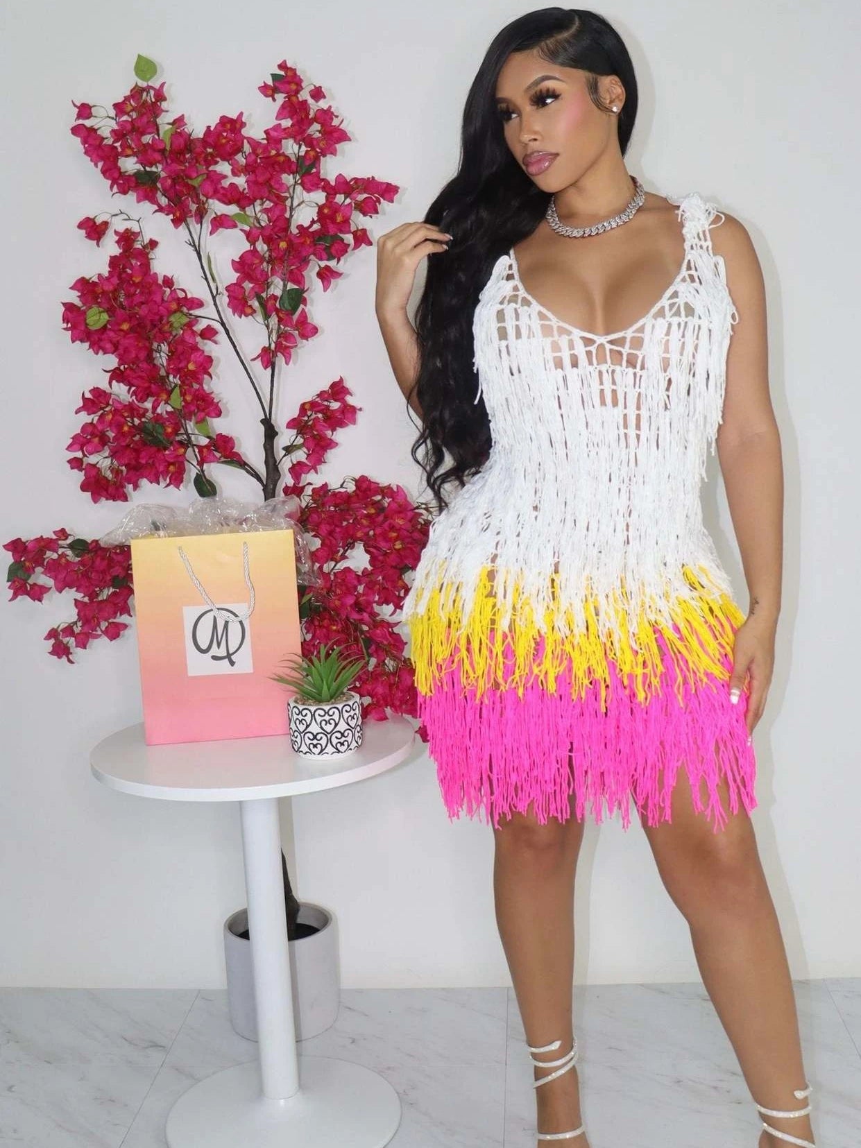 Women Crochet Colorblocked Sleeveless Hollow Out Beach Tank Dress