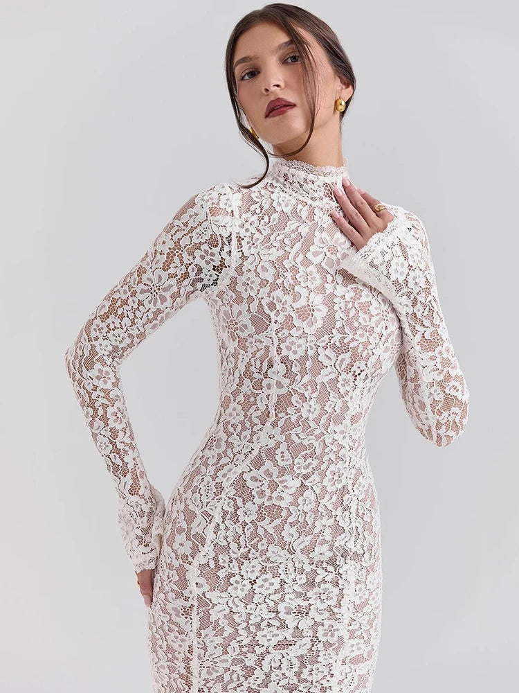 Lace Long Sleeve Sexy Midi Dress