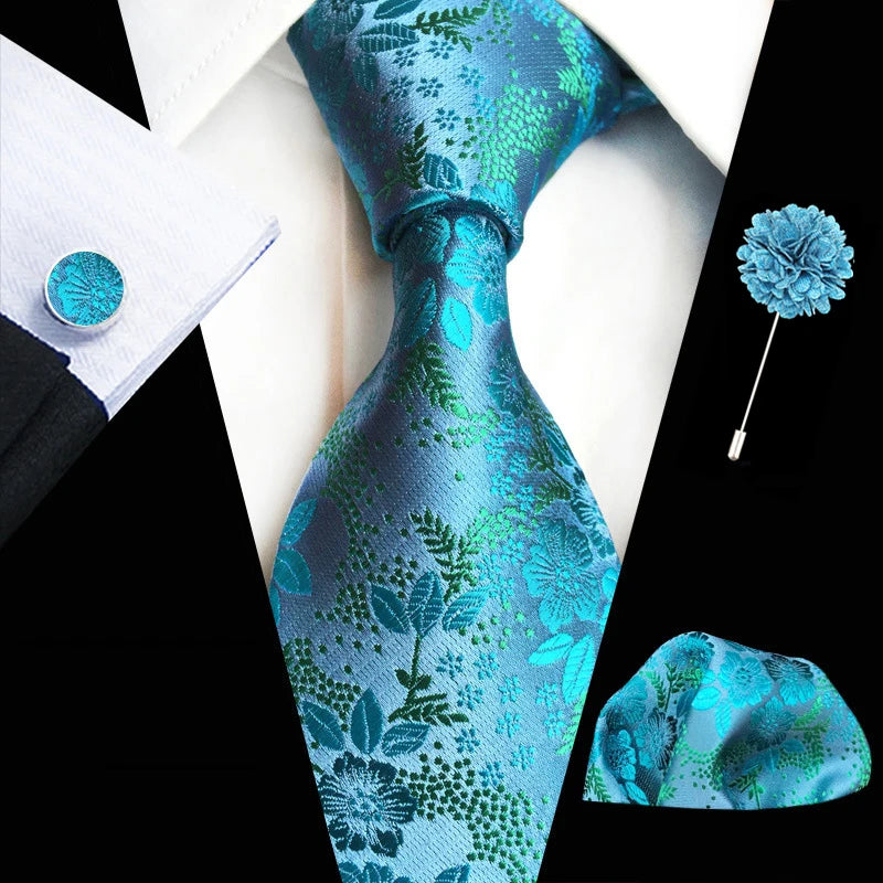 Floral  Neck Tie Set Handkerchief Brooch Cufflinks Men Accessories