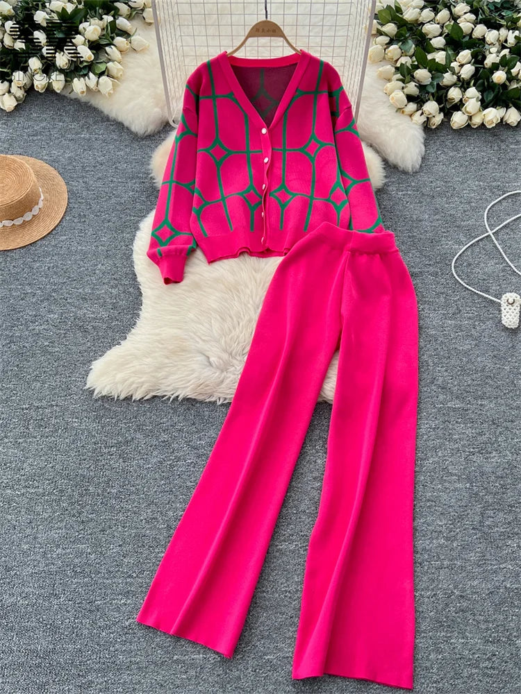 Autumn Winter Single Breasted Cardigan+Wide Leg Long Pants