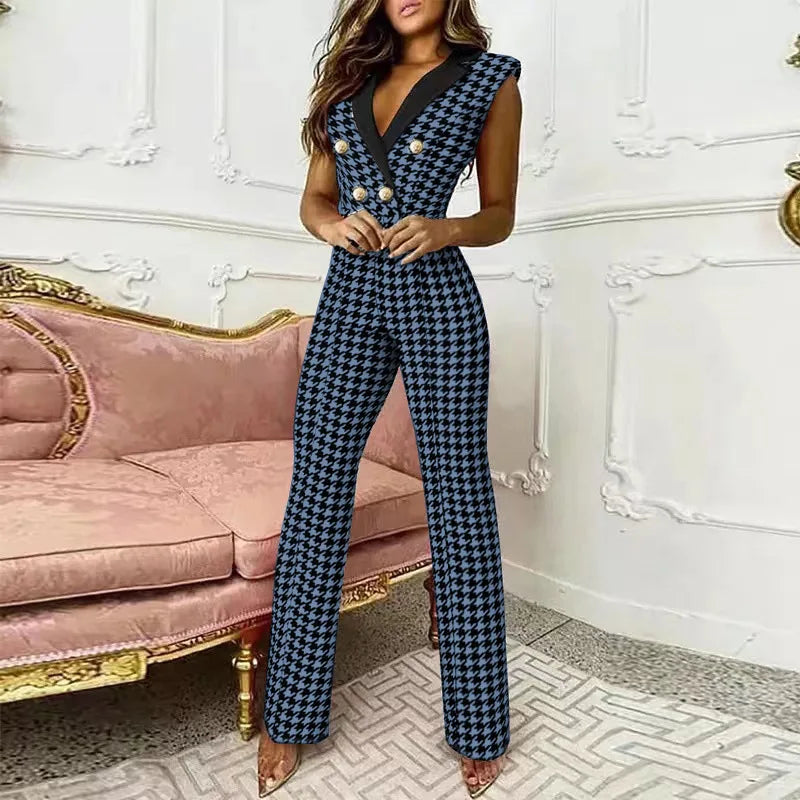 Sleeveless  Fashion Houndstooth Print Deep V-Neck Button Straight Jumpsuit