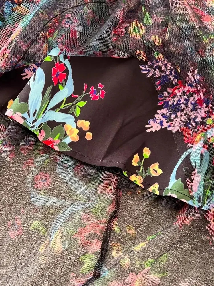 French Elegant Print Gorgeous Flower Cascading Ruffles Long Dress