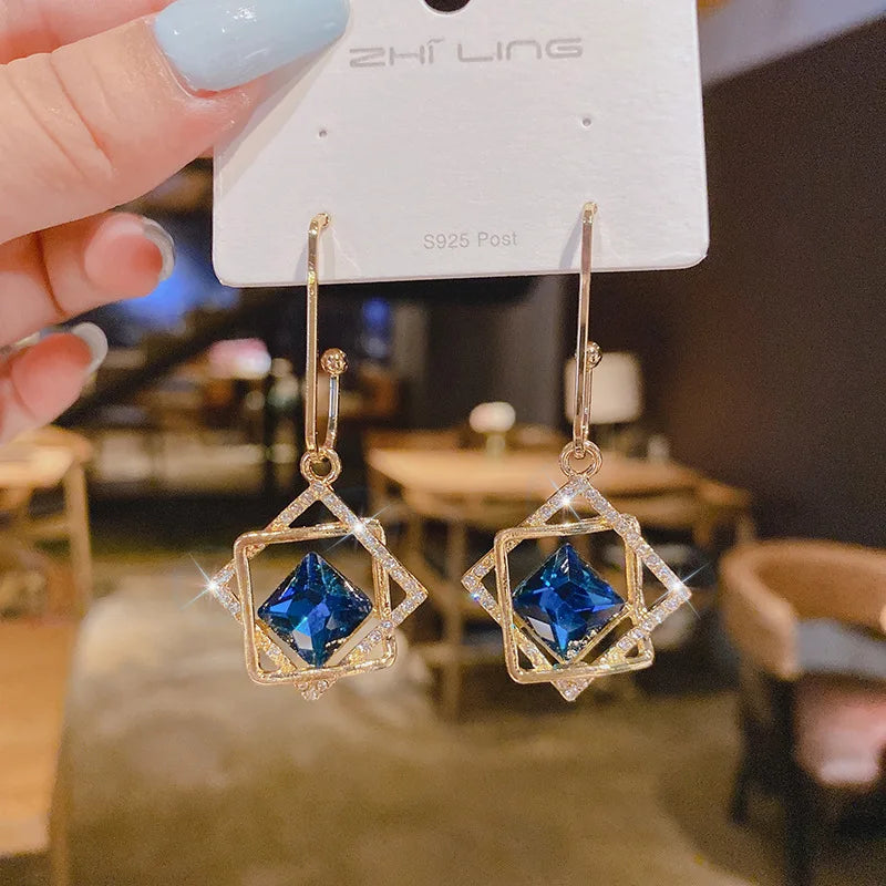Trendy  Long Blue Crystal GeometryDangle Drop Earrings