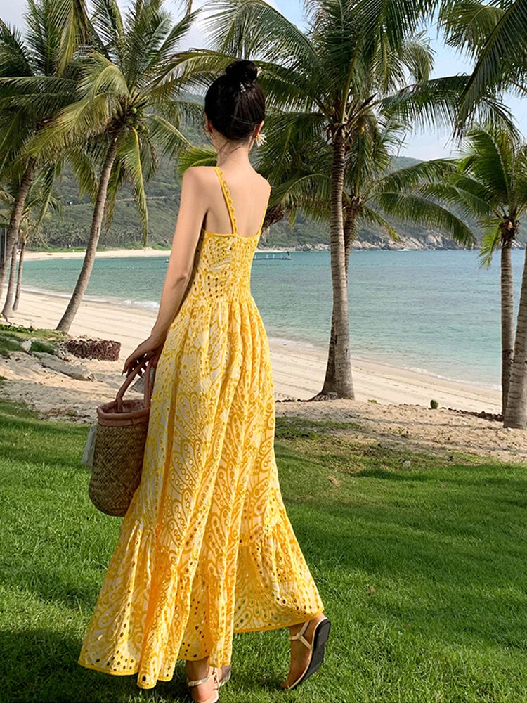 Hollow out Lace Beach Sleeveless Slim Long Dresses