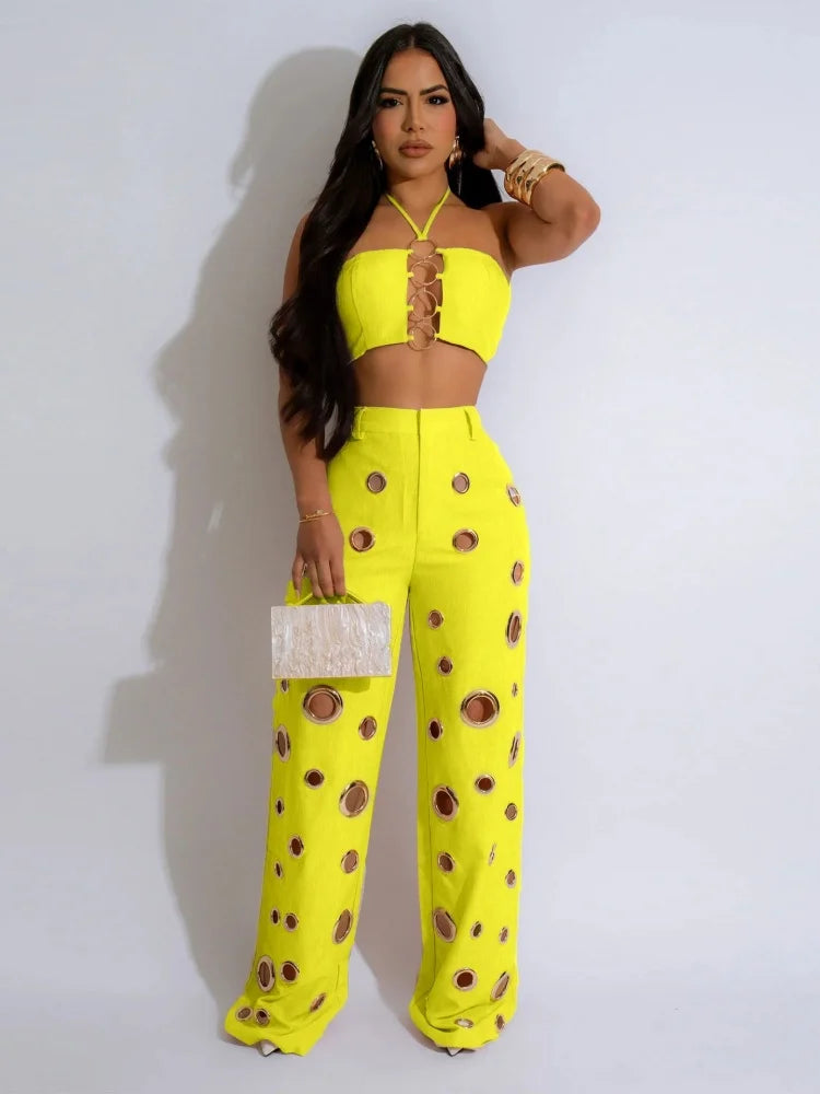 Two Piece Club Set – Cutout Crop Top & Matching Pants for Summer Nights