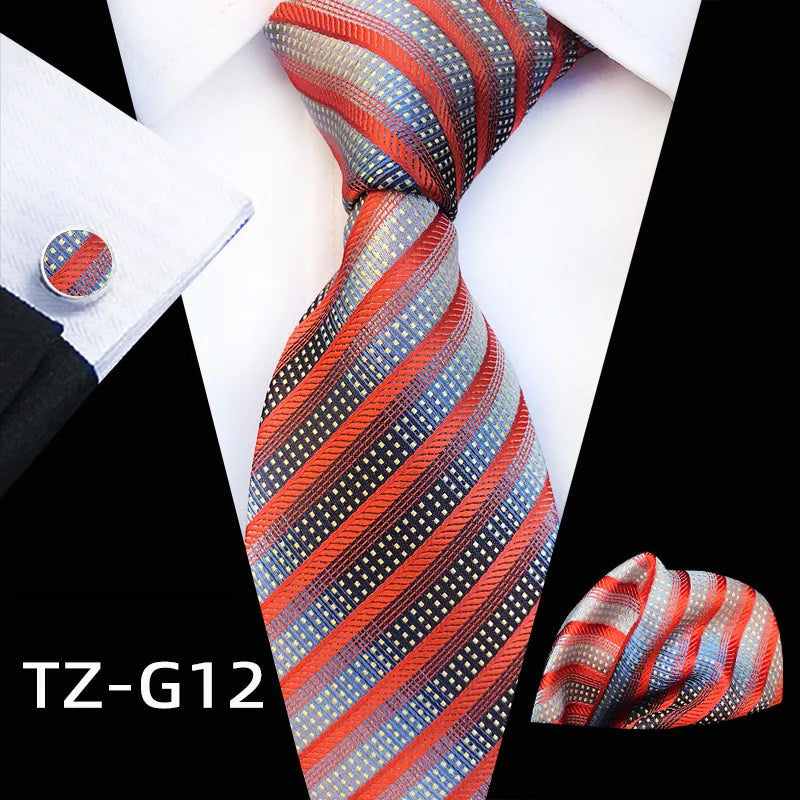Orange Novelty Ties Plaid Flower Design Wedding Necktie Hanky Cufflinks