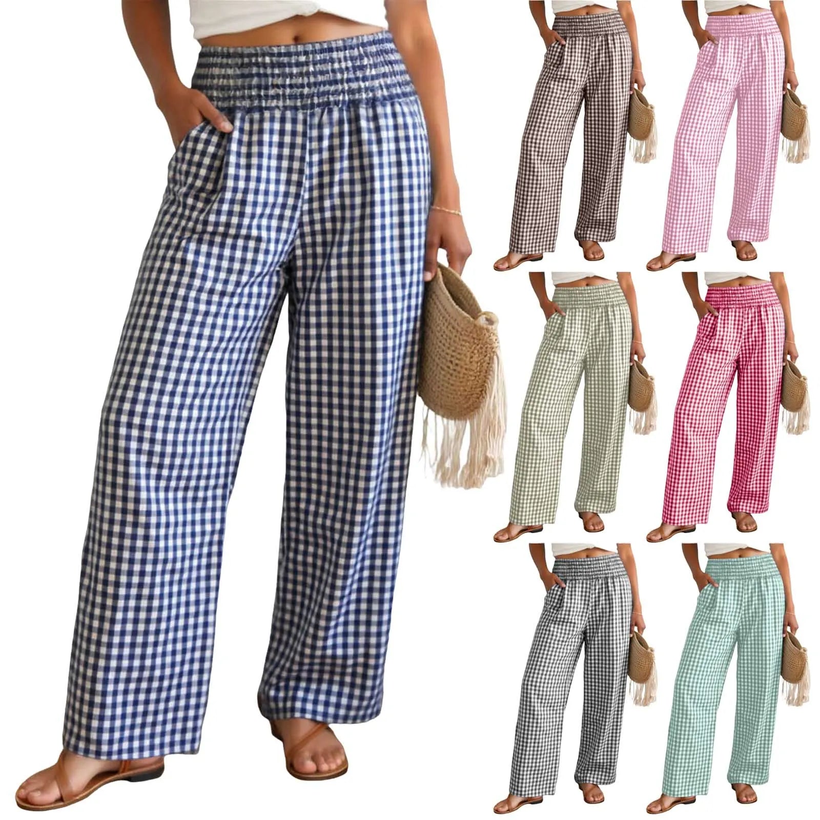 Casual Plaid Comfortable  With Pockets Elastic Waist Wide Leg Casual Pant
