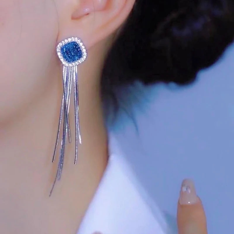 Square Blue Zircon Long Tassel Stud Earrings – Elegant Sparkle for Every Special Moment