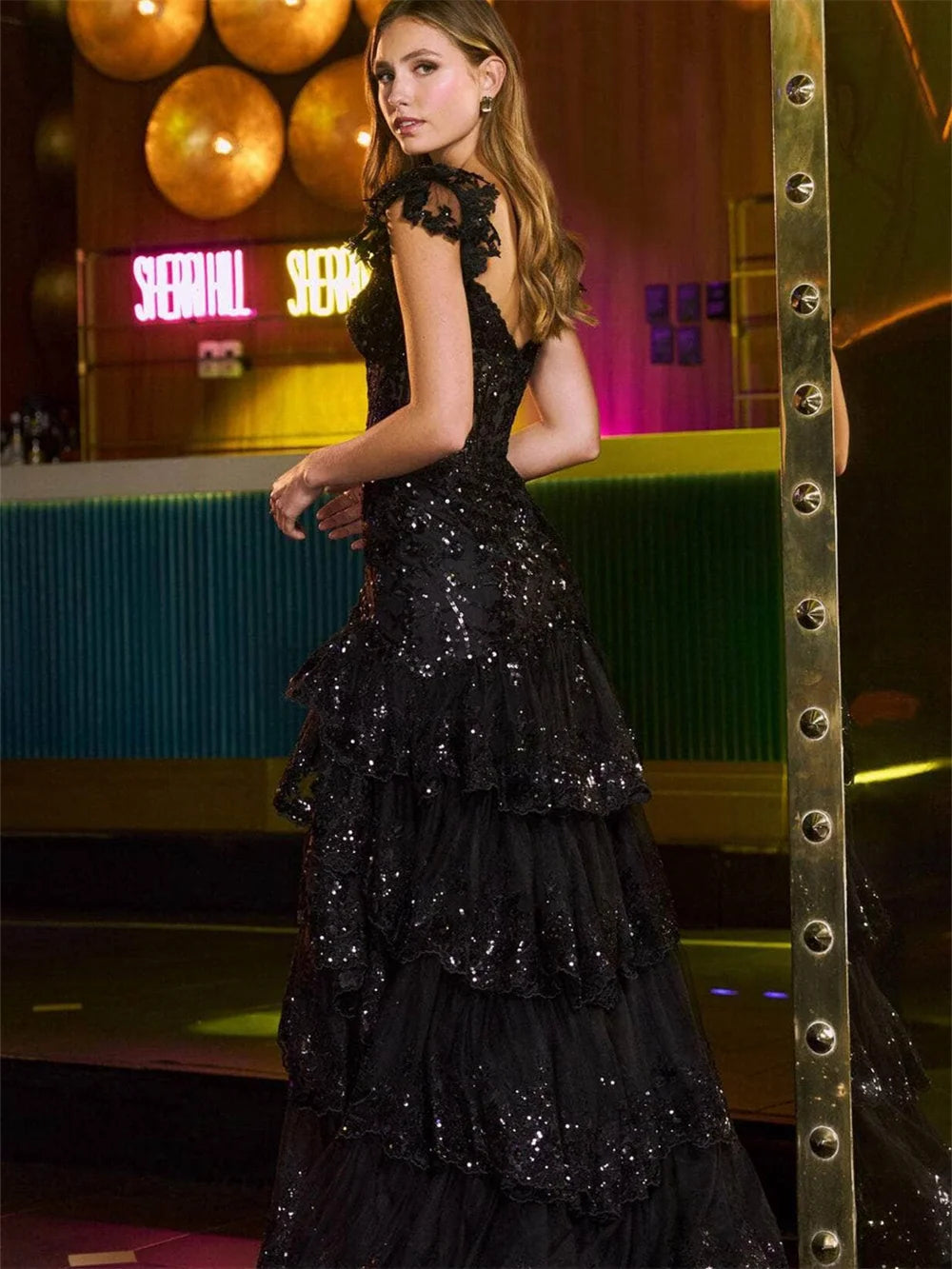 Sexy Lace High Slit Printed Evening Gowns