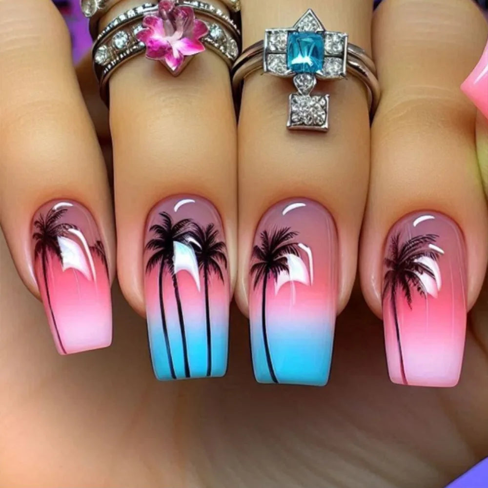 24pcs Mid-length  Flower Design Stick on Fake Nail