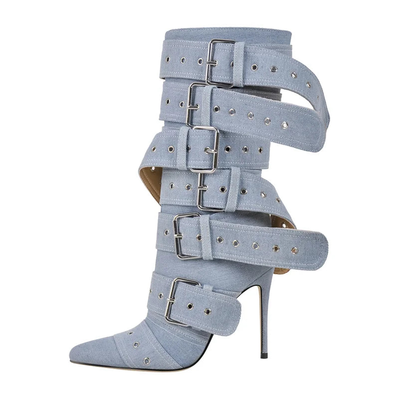 Pointed Toe Mid-Calf Boots Buckle Strap Thin High Heel