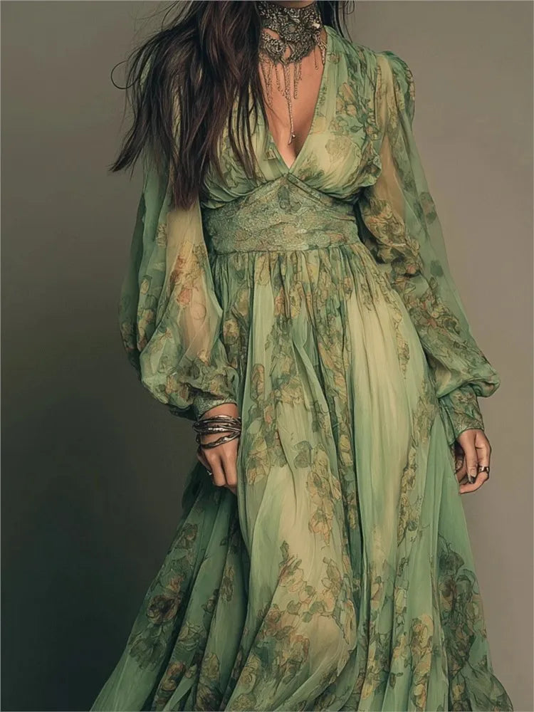 Spring Print V-Neck Long Sleeve Flowy Dress