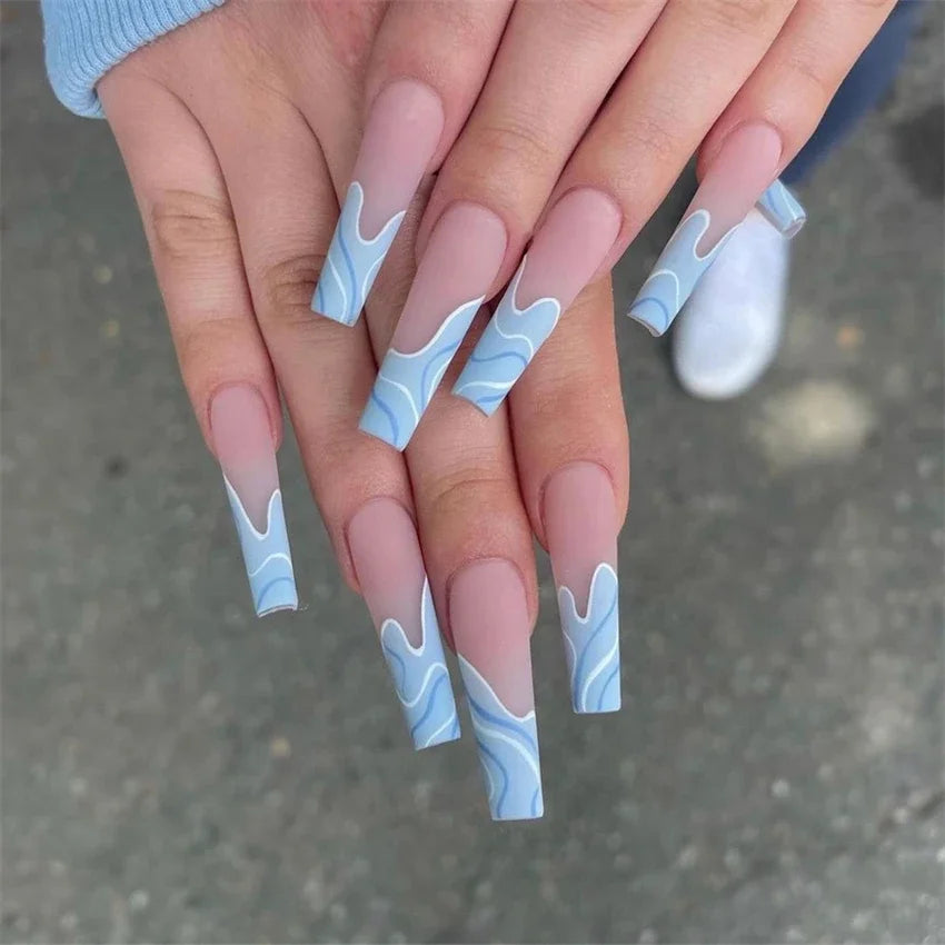 24Pcs/Set French Ballet Fake Nails Art Stars Sky Eyes Wearing False Nails