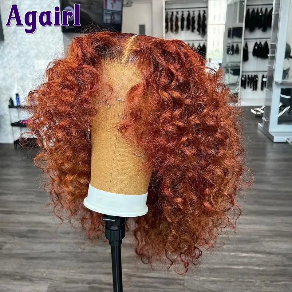 Orange Brown 13x6 Deep Curly Short Bob Human Hair Wigs