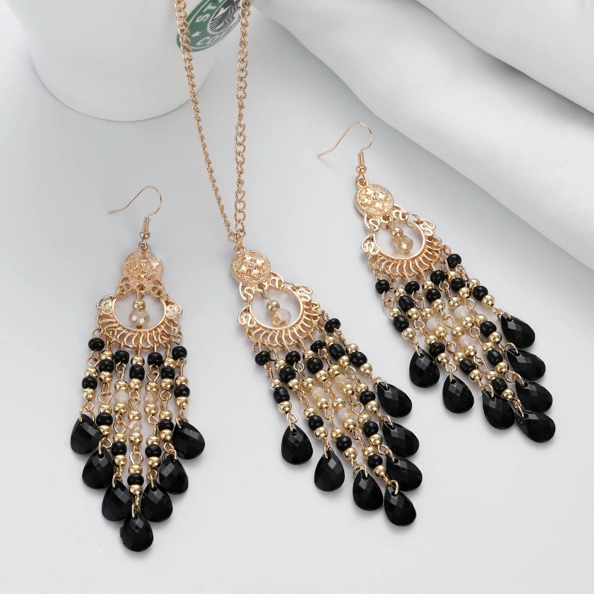 Bohemian Multicolor Crystal Long Tassel Dangle Earrings & Necklace Set – Retro Gold-Plated Geometric Wedding Jewelry