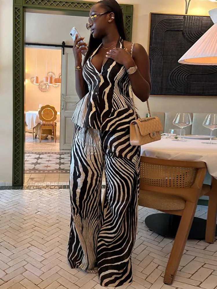 Elegant Matching Vest Outfit with Wide Leg Pants Halter
