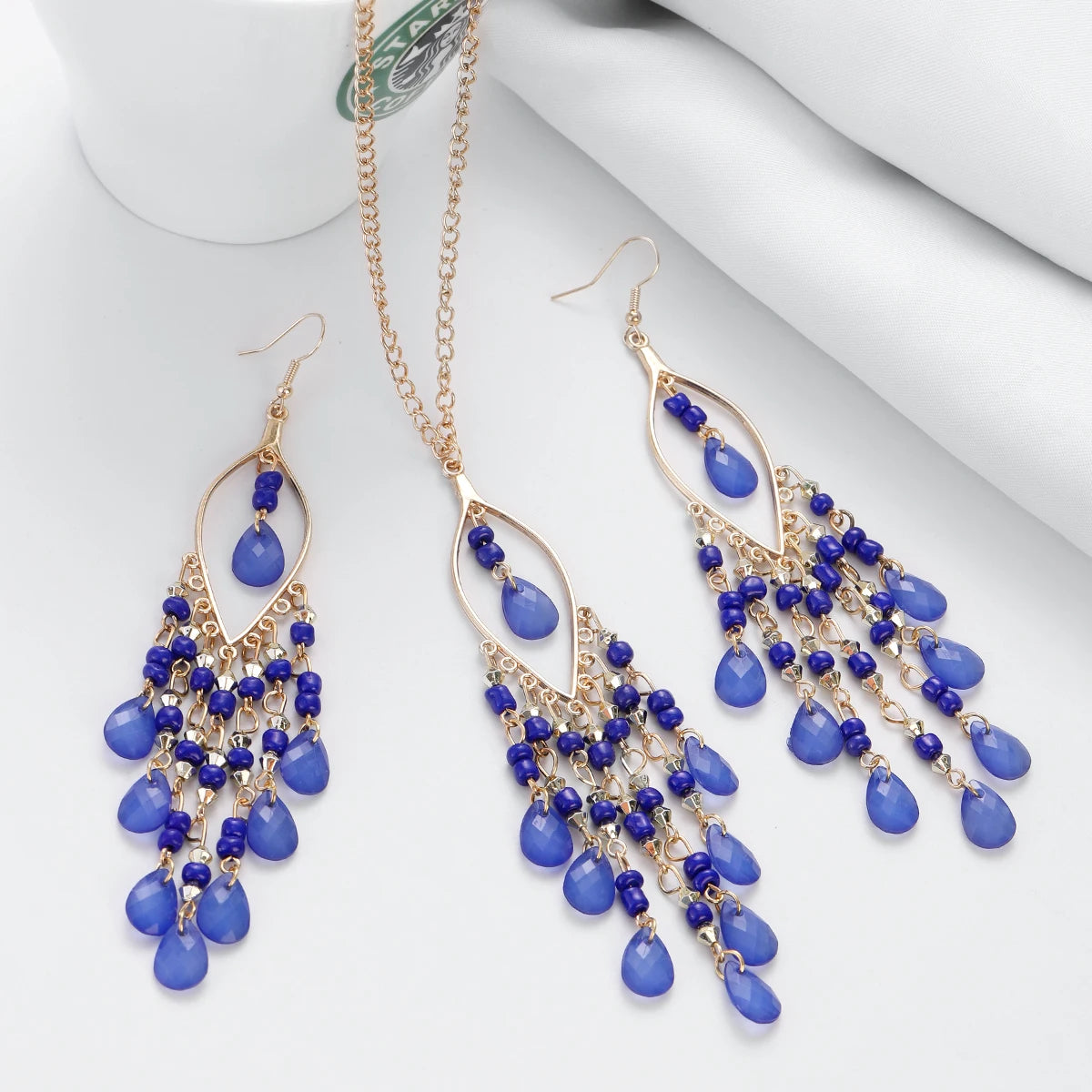 Bohemian Multicolor Crystal Long Tassel Dangle Earrings & Necklace Set – Retro Gold-Plated Geometric Wedding Jewelry