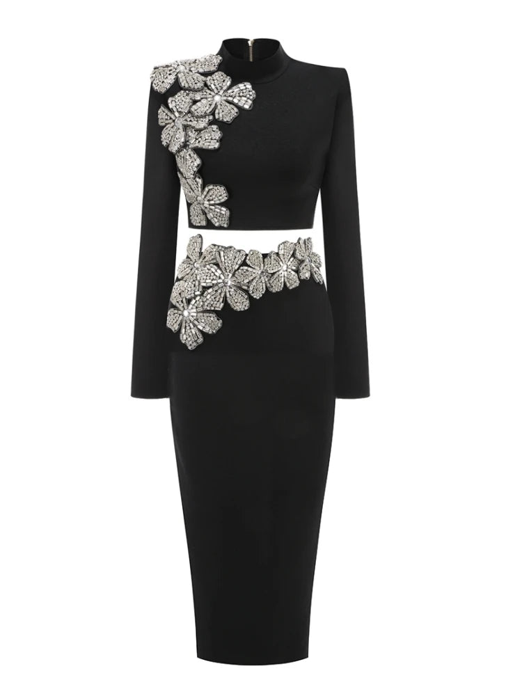 Sexy Long Sleeves Bandage Turtleneck Shiny Diamonds Flower Top + Bodycon Mini  Skirts