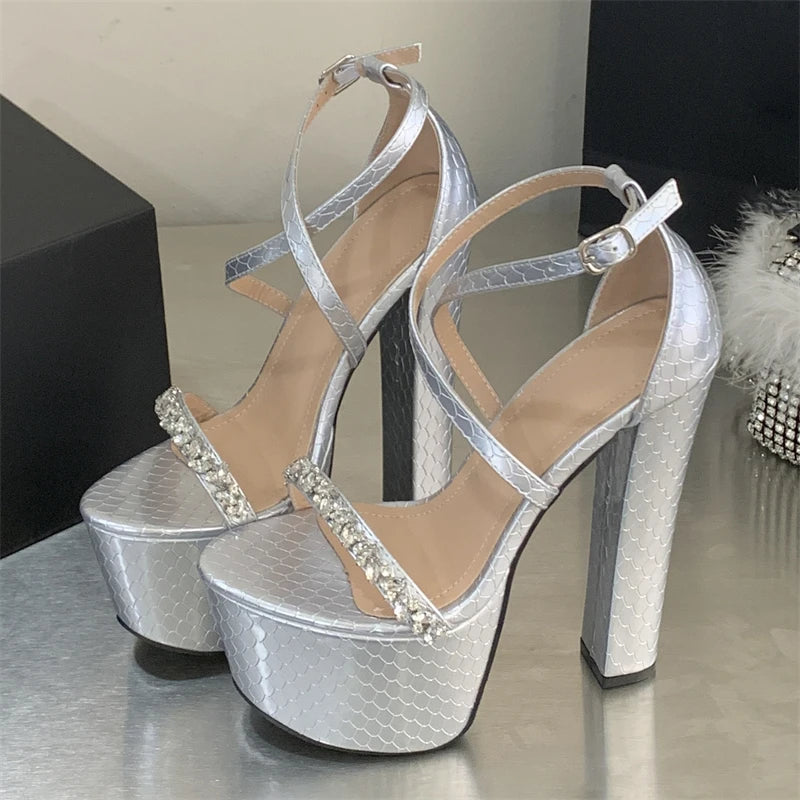 Crystal Diamond Chunky Platform Buckle Strap Shoes
