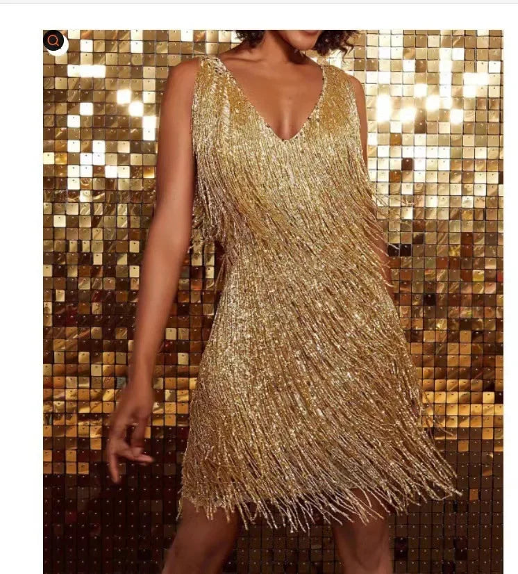 New  Sexy Tassel V Neck Backless Club Night Dresses