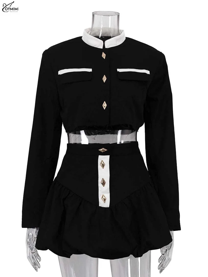 Casual Long Sleeve Button Pockets Crop Shirts + High Waist Mini Skirt Set
