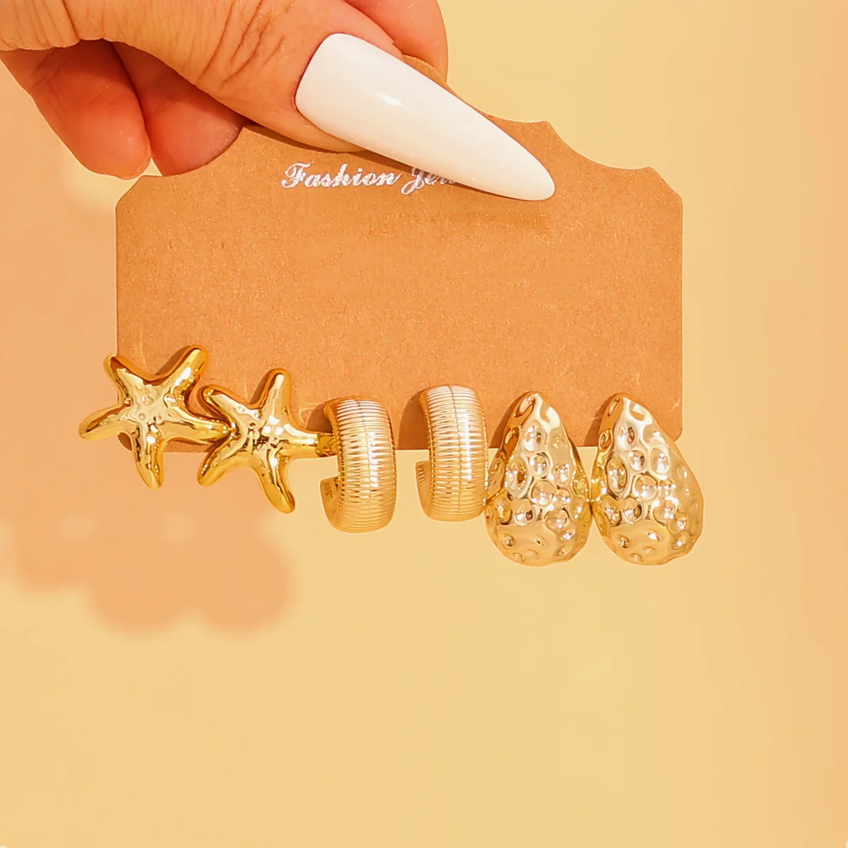 9-Pair Golden Resin Earrings Set – Starfish, Seashell &amp; Textured C-Shape Collection