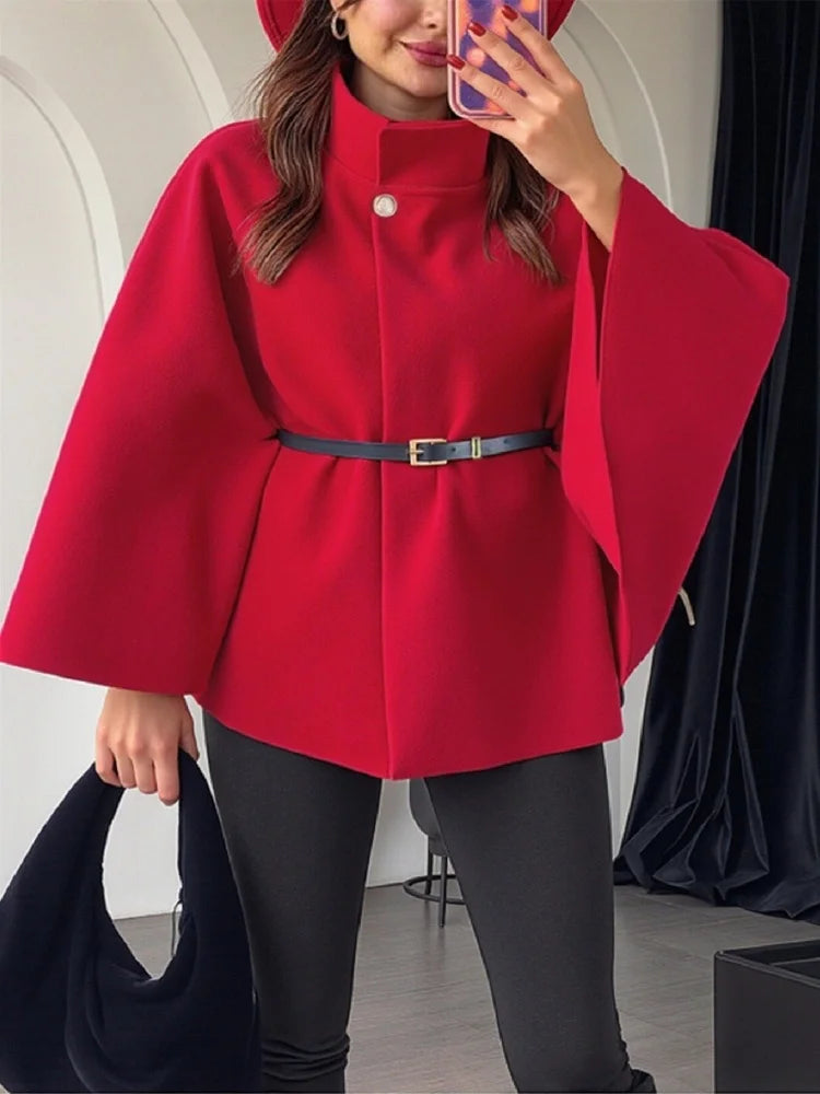 Elegant Woolen Cape Coat for Women – Belted, Fitted Waist, Winter Chic One-Piece
