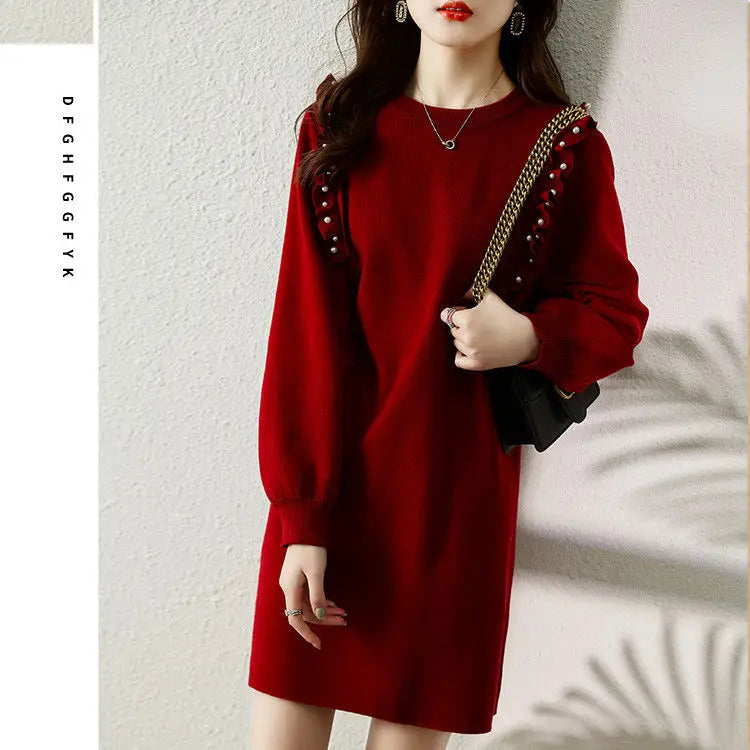 New Autumn and Winter Round Neck Loose Fit Long Sleeves and Knitted Dress