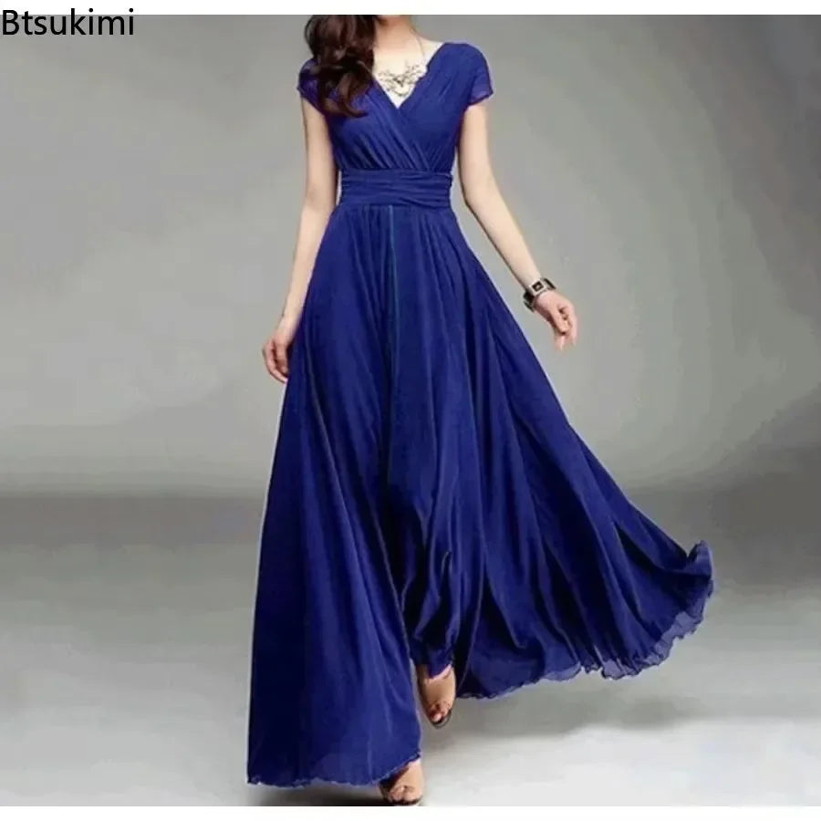 2025 Women's V Neck Short Sleeve Evening Party Dress Temperament Solid Colour Long Cocktail Chiffon High Waist Summer Dresses