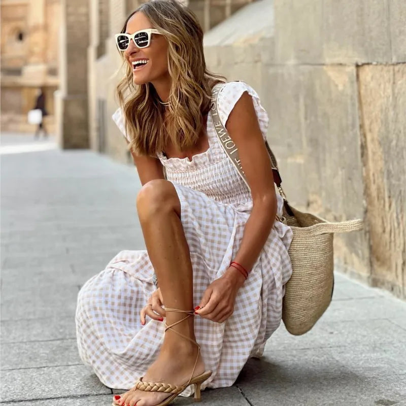 Elegant Plaid Slip Maxi Long Dress