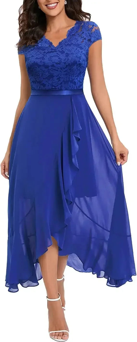 2026 V Neck Short Sleeve Lace Splice Ruffles Chiffon Irregular Dress – Shequila's Fashions
