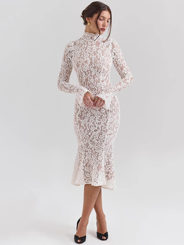 Lace Long Sleeve Sexy Midi Dress