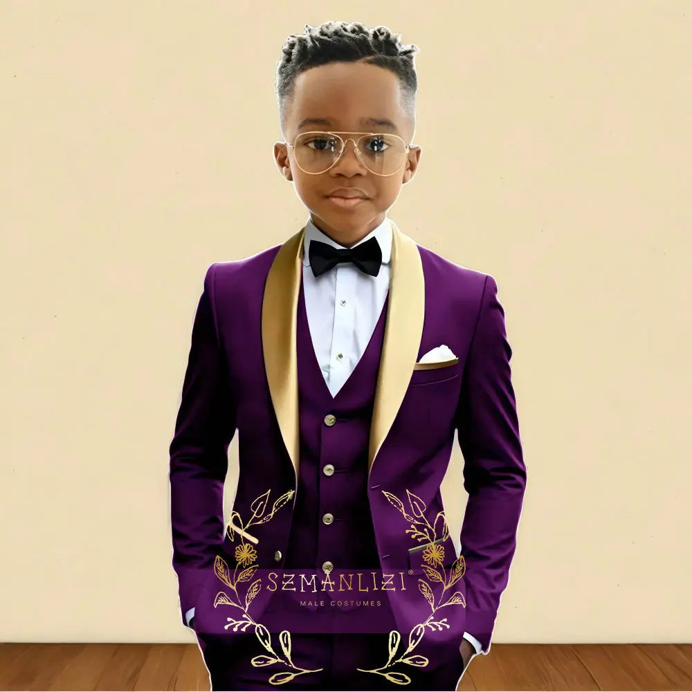 3‑Piece Boys Wedding Suit with Gold Shawl Lapel (2–16 Years)
