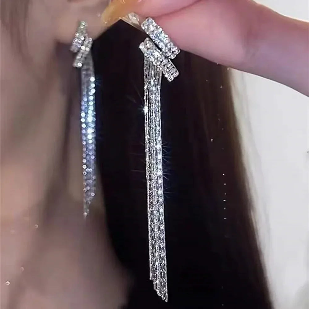 Square Blue Zircon Long Tassel Stud Earrings – Elegant Sparkle for Every Special Moment