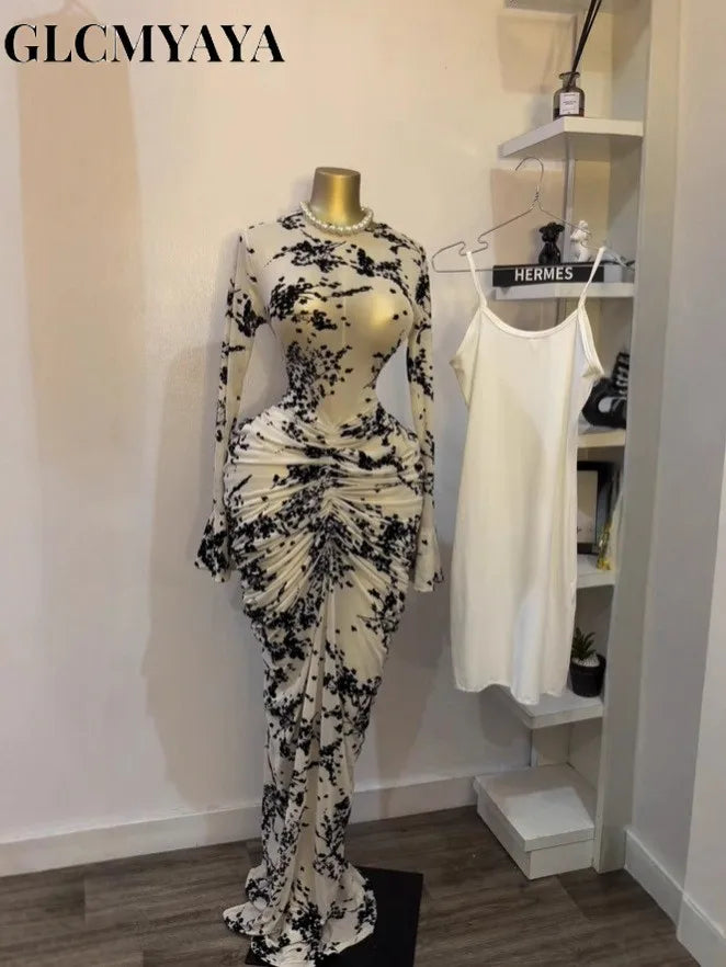 Long Sleeve Stacked Mesh See Though with Lining Bodycon Long Dress