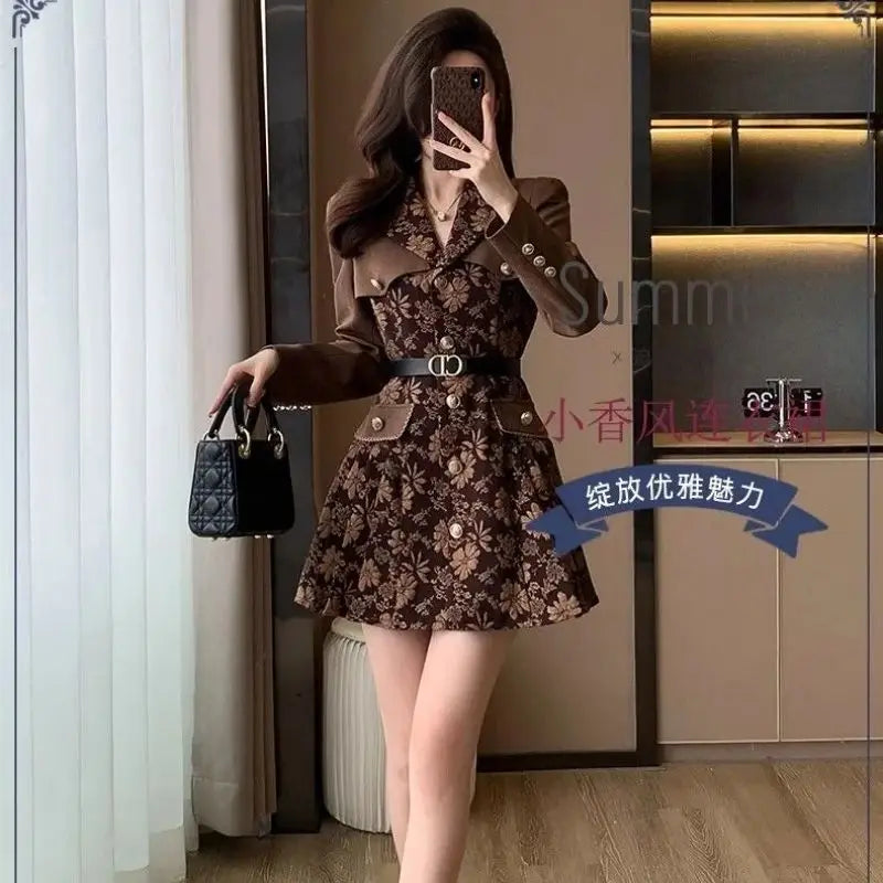 Retro Flower Jacquard Mini Dress – Autumn Patchwork A‑Line Party Dress with Belt