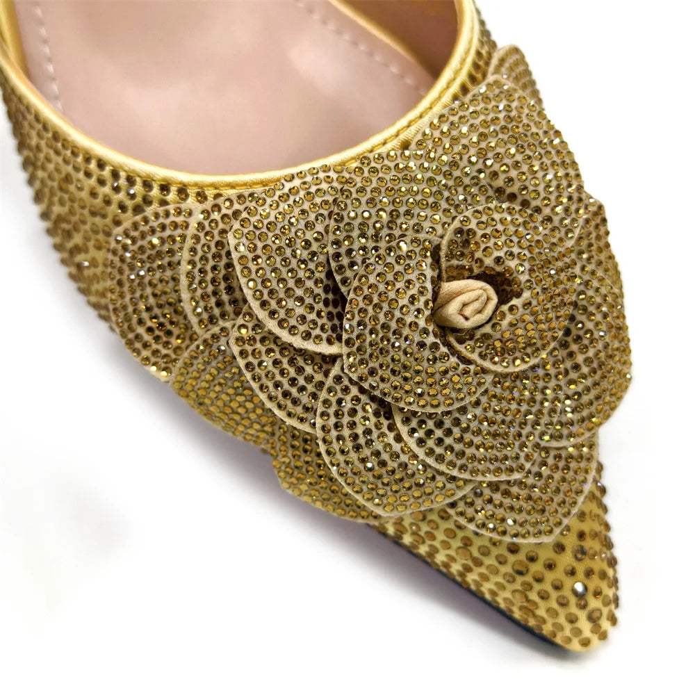 Italian Design Evening Shoes And Bags Paired With Handmade Petal Gold Colour Pointed Toe Mid-Heel Shoes For Women Party Shoes