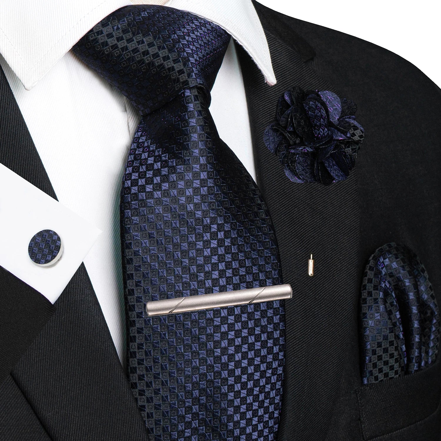 Brown Yellow Plaid Silk Tie Set for Men