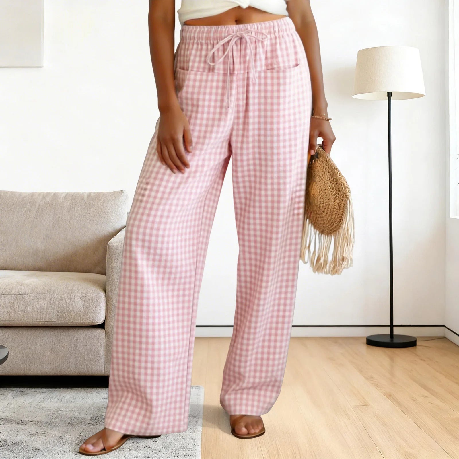 High Waisted Wide Leg Plaid Drawstring Casual Trousers