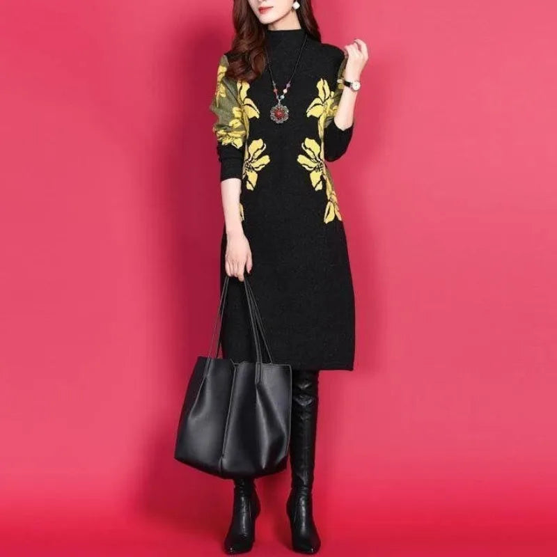 Autumn and Winter  Round Neck Long Sleeve Slim Pullover Plus Size Midi Underlay Printing Dress