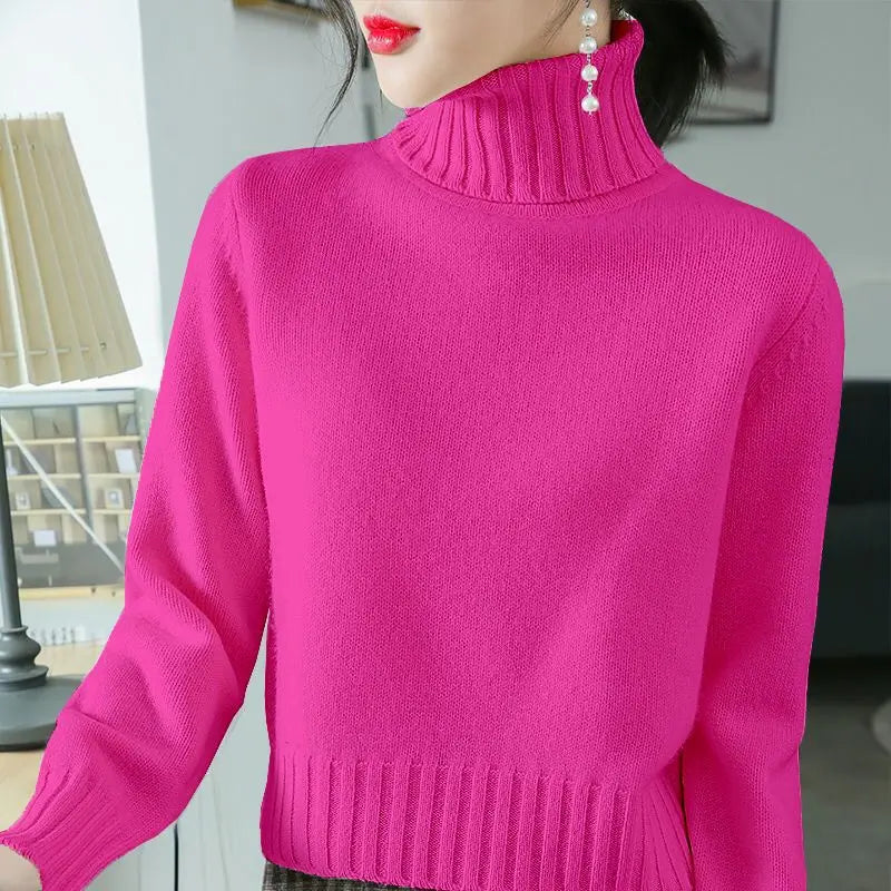 Fashion Turtleneck Knitted Solid Color All-match Sweater Women's Clothing Autumn New Casual Pullovers Loose Korean Tops