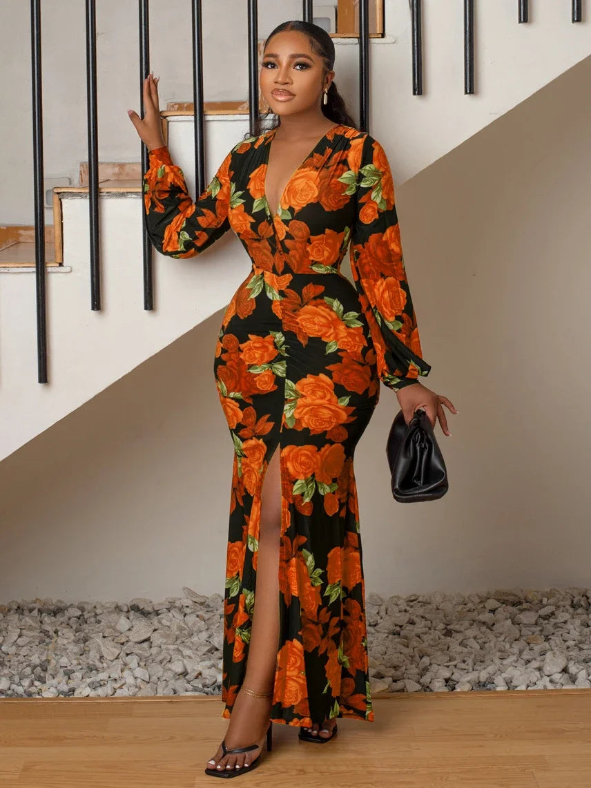 Elegant Floral Lantern Long Sleeve Deep V-neck High Waist High Split Maxi Mermaid Dress