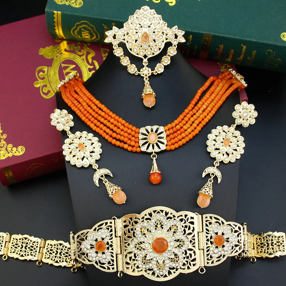 Gold Color Caftan Waist Chain Belt Orange Bead Choker Necklace Drop Earring Brooch