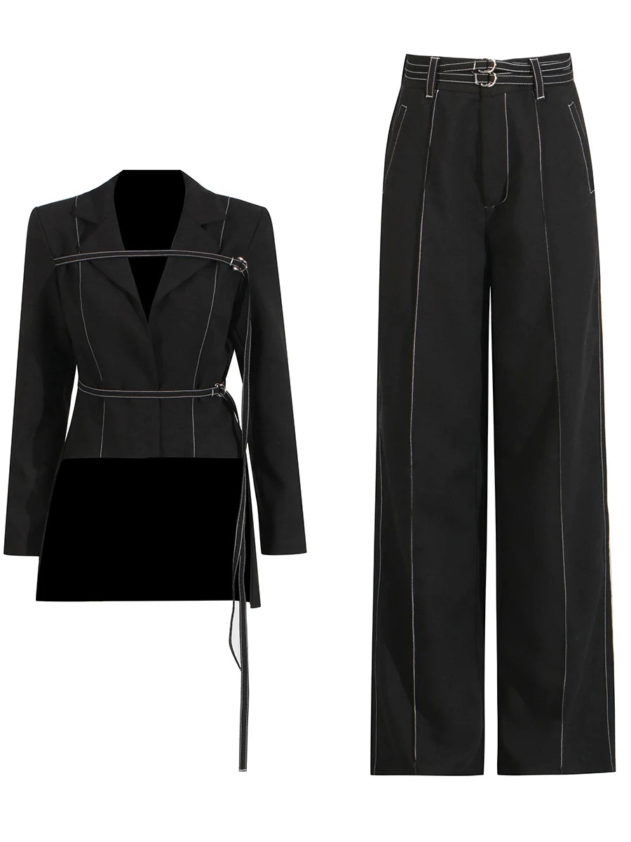 Notched Collar Long Sleeve Top High Waist Straight Pant  Sets