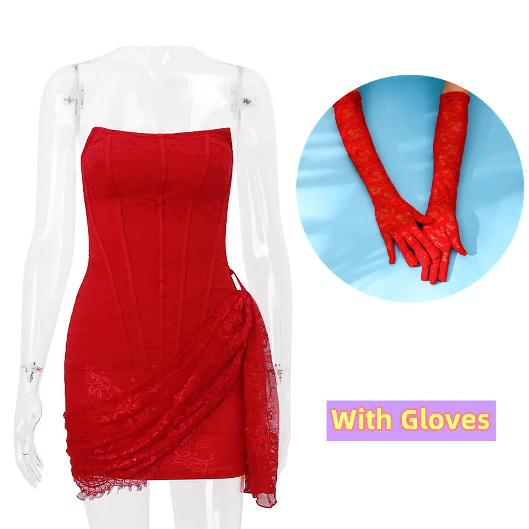 Vintage Elegant Lace Mesh See Through Bandage Dresses +Lace Gloves