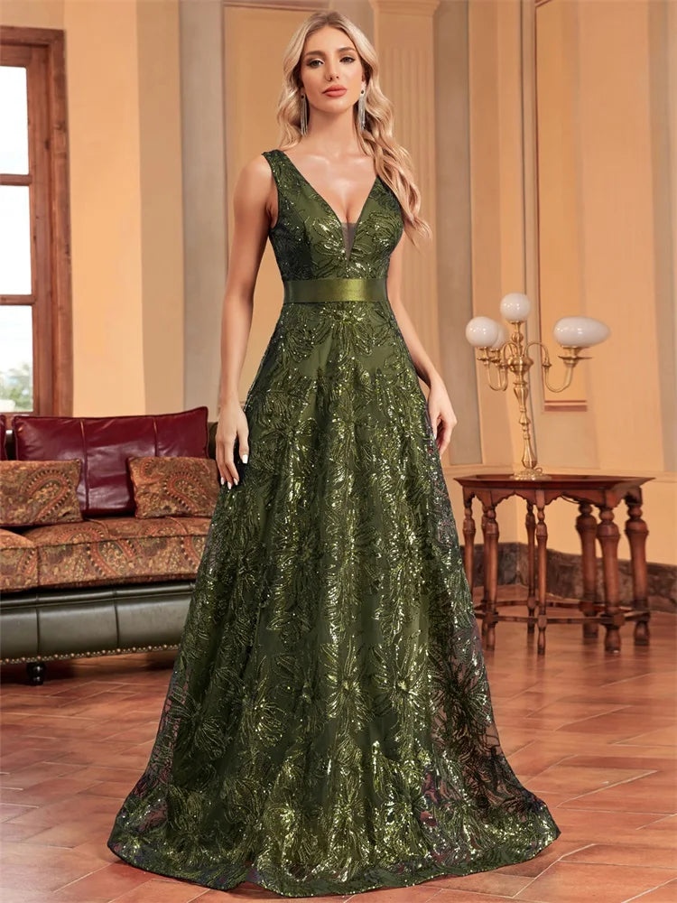 Luxury Sexy Deep V-Neck Sequins B Elegant V-back Wedding Party Long Prom Cocktail Dress