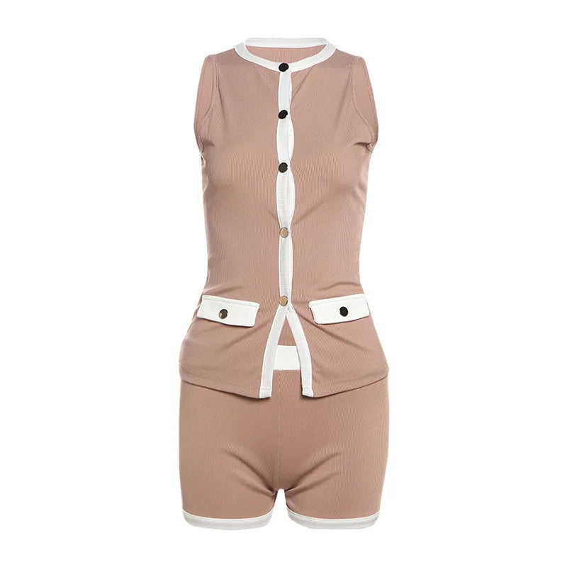 New Clashing Sleeveless Knit Cardigan Top Slim Shorts Set
