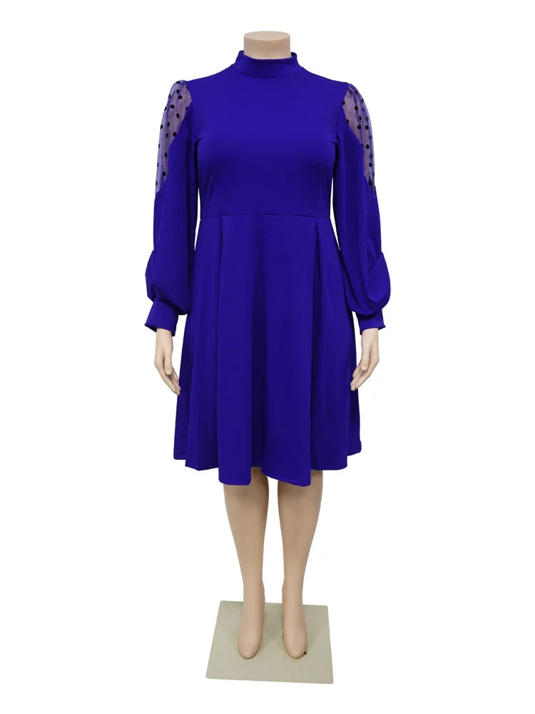 Plus Size Solid Casual Mesh Long Sleeve Midi Dress