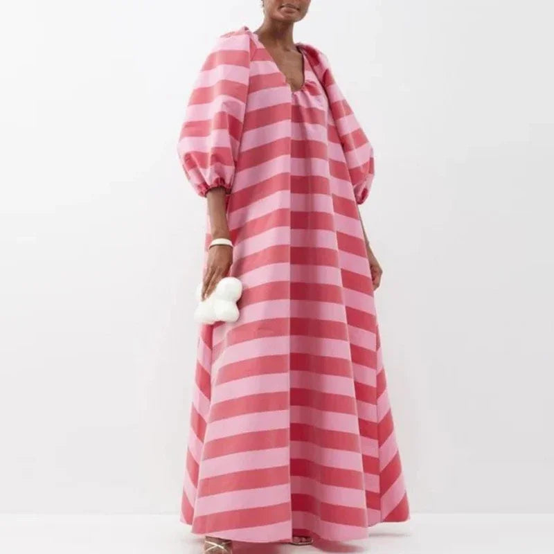 Autumn Loose Pullover Fashion Stripe Contrast Printed Maxi Dresses