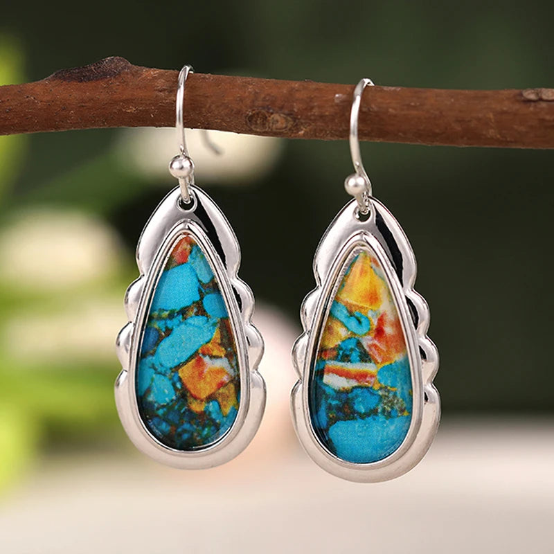 Waterdrop Shaped Boho Dangle Earrings with Stone Pattern Sticker